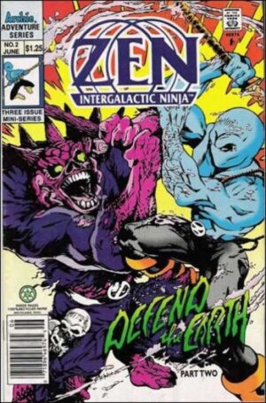 Zen Intergalactic Ninja fights a purple monster on Issue #1 cover.